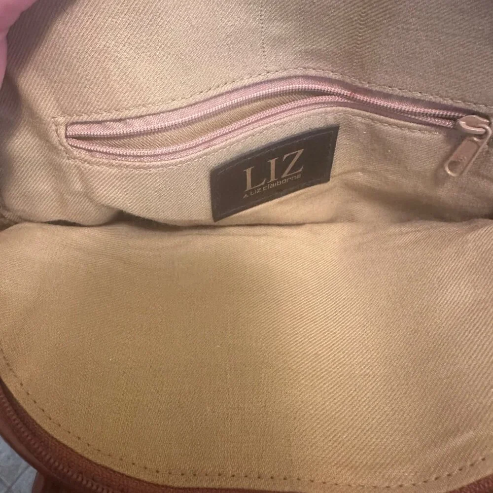 Liz Claiborne Vintage 90s Handbag Cream Brown Leather logo print rare - Picture 3 of 5